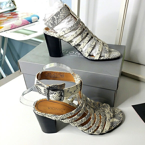 Vionic Sami Snakeskin Leather Strappy Stacked Heel Coushioned Gladiator Sandals - Picture 12 of 16